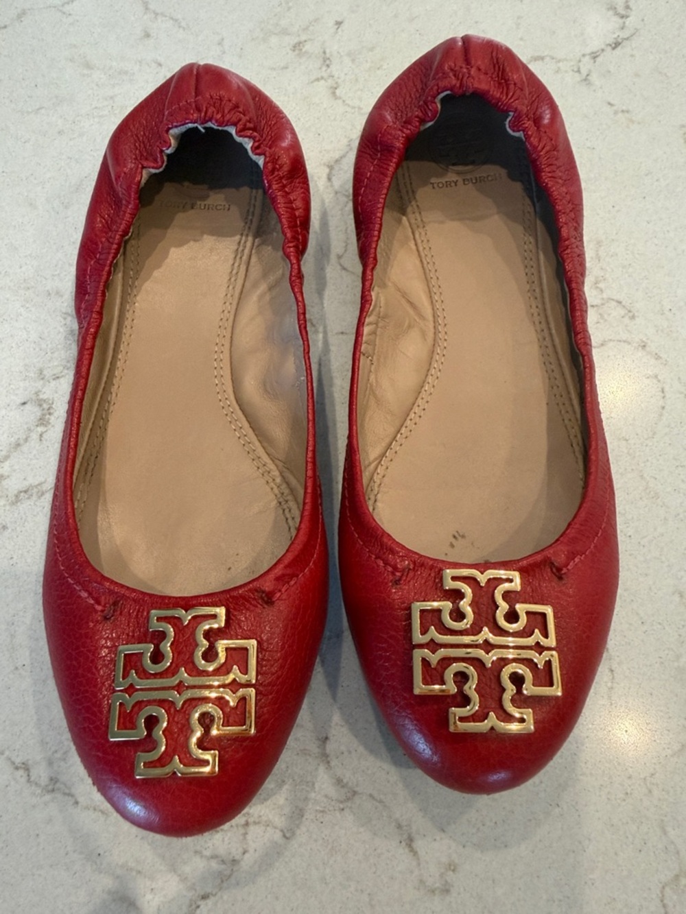Tory Burch Red Leather Logo Ballet Flats with Gold Emblem